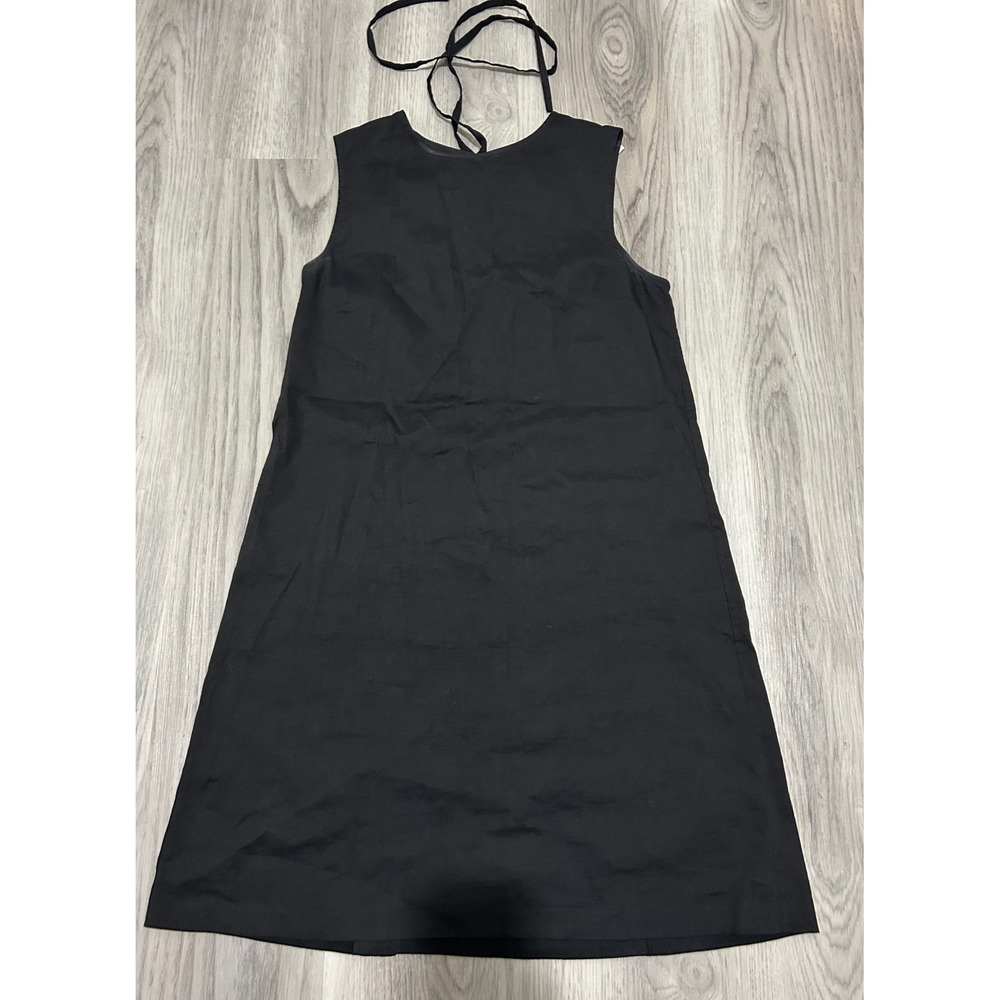 Theory Black Linen Blend Keshelle Crunch Wash Lace Up Back Shift Dress Size 4